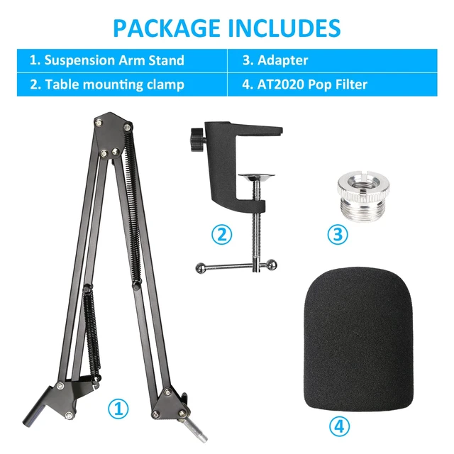 Alt view image 7 of 7 - Boom Arm for Audio-Technica AT2020/AT2040, Mic Arm with Foam Cover | Suspension Boom Scissor Arm Stand with Pop Filter, Desk Clamp, 3/8" to 5/8" Adapter
