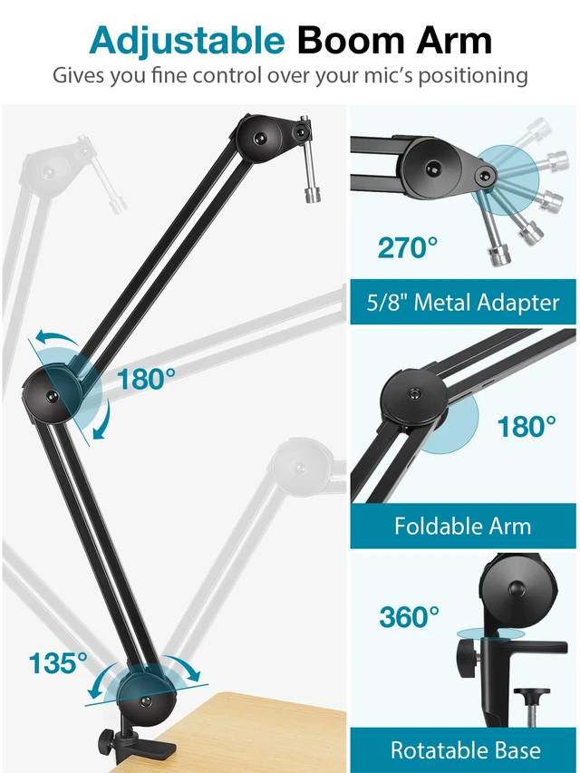 Alt view image 2 of 7 - Mic Arm Desk Mount Microphone Stand Boom Arm for Blue Yeti | For Hyper X QuadCast SoloCast Fifine, Silent, Professional, 3.5 lb Weight Capacity, 28" Extendable, Adjustable Angles