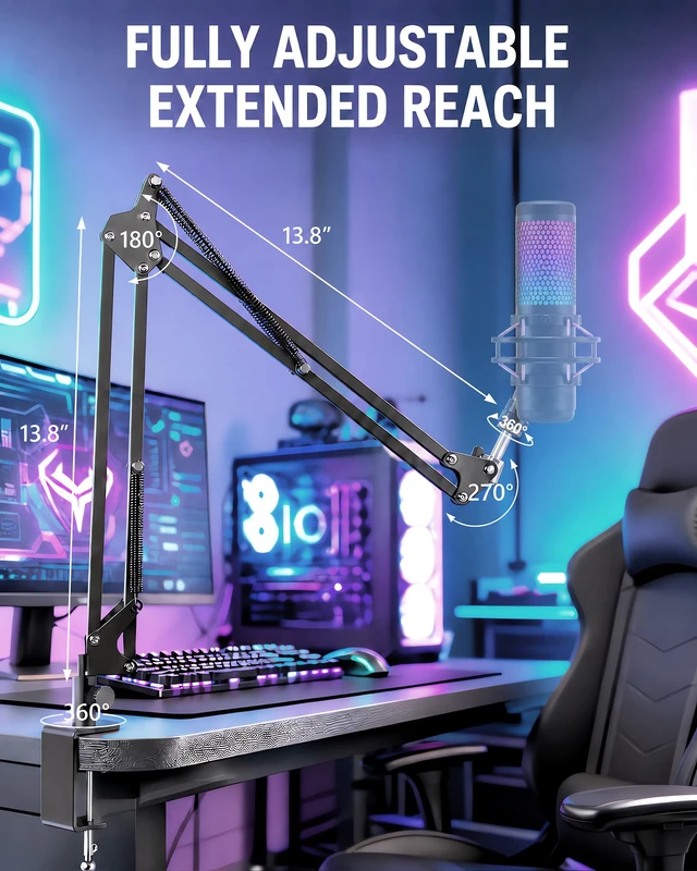 Alt view image 4 of 6 - Boom Arm Mic Stand, Heavy Duty Scissor Suspension, Sturdy Clamp | for Recording, Podcasting, Gaming, Mic Arm Compatible with Blue Yeti, HyperX QuadCast, SM7B, Fifine and More