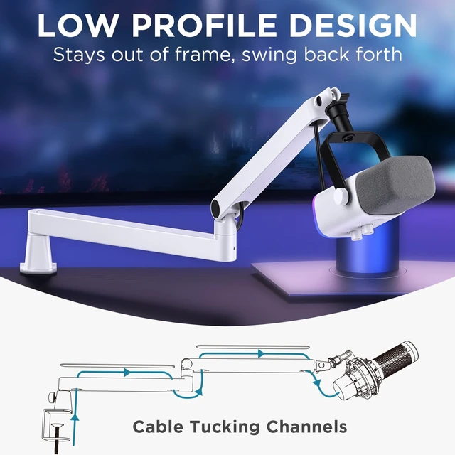 Alt view image 3 of 7 - Low Profile Mic Arm Boom Arm Microphone Stand Desk Mount, White | Multiple Adapters, 3.3 lb Weight Capacity, Fit Blue Yeit Nano, Vibration Resistant, Adjustable Angle