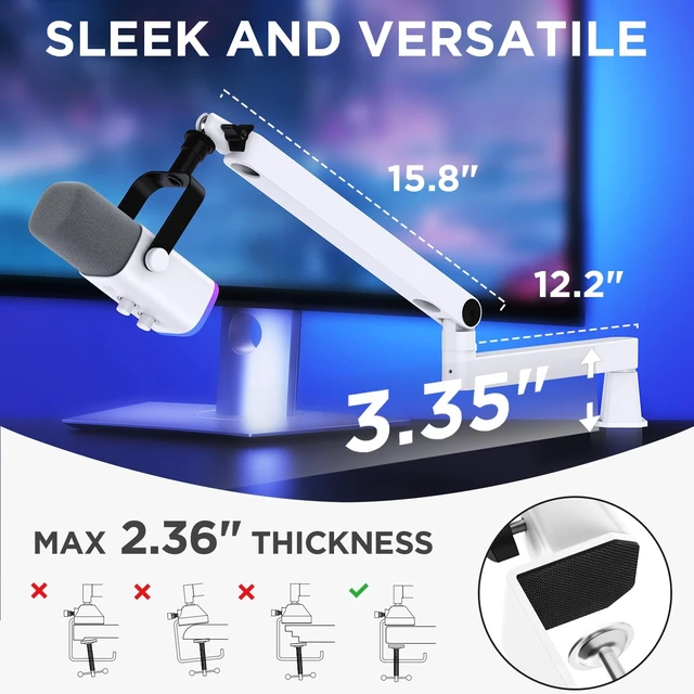Alt view image 5 of 7 - Low Profile Mic Arm Boom Arm Microphone Stand Desk Mount, White | Multiple Adapters, 3.3 lb Weight Capacity, Fit Blue Yeit Nano, Vibration Resistant, Adjustable Angle