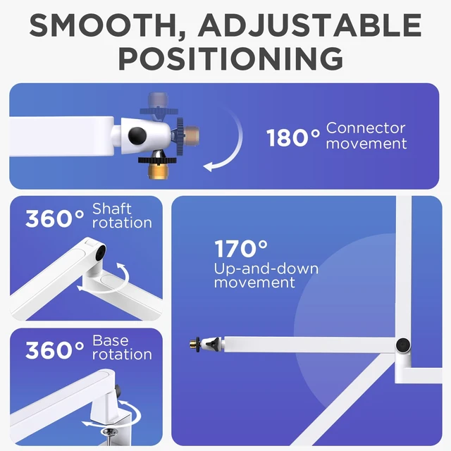 Alt view image 6 of 7 - Low Profile Mic Arm Boom Arm Microphone Stand Desk Mount, White | Multiple Adapters, 3.3 lb Weight Capacity, Fit Blue Yeit Nano, Vibration Resistant, Adjustable Angle