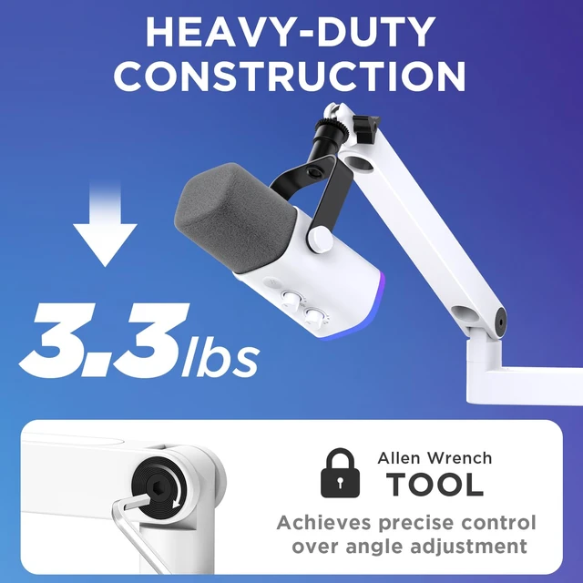 Alt view image 7 of 7 - Low Profile Mic Arm Boom Arm Microphone Stand Desk Mount, White | Multiple Adapters, 3.3 lb Weight Capacity, Fit Blue Yeit Nano, Vibration Resistant, Adjustable Angle