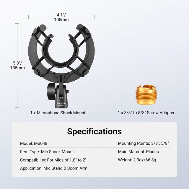 Alt view image 7 of 7 - Microphone Shock Mount, Mic Holder for Stand & Boom Arm with Elastic Ropes & 3/8" to 5/8" Screw Adapter, Fits Mics of 1.8" to 2" (46 to 50mm) Diameter, MS048