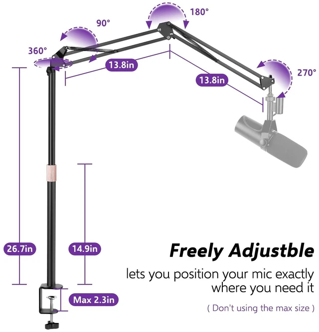 Alt view image 3 of 6 - Adjustable Mic Boom Arm with Extendable Height Rod, Premium Microphone Stand for HyperX QuadCast, Shure MV7, Blue Yeti, Perfect for Podcasts, Streaming, Gaming, Recording