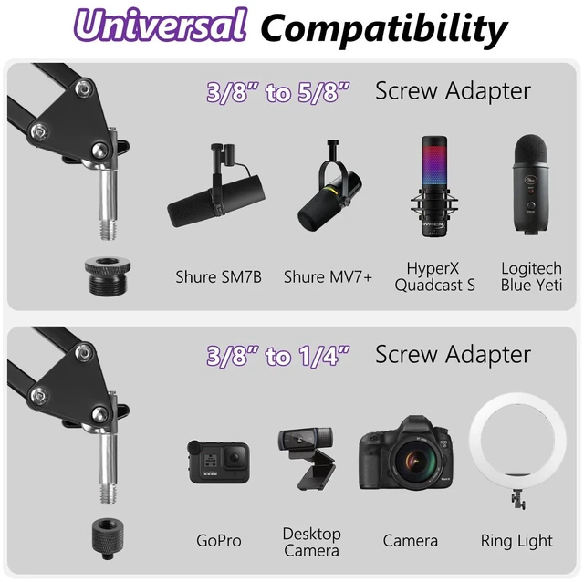 Alt view image 5 of 6 - Adjustable Mic Boom Arm with Extendable Height Rod, Premium Microphone Stand for HyperX QuadCast, Shure MV7, Blue Yeti, Perfect for Podcasts, Streaming, Gaming, Recording