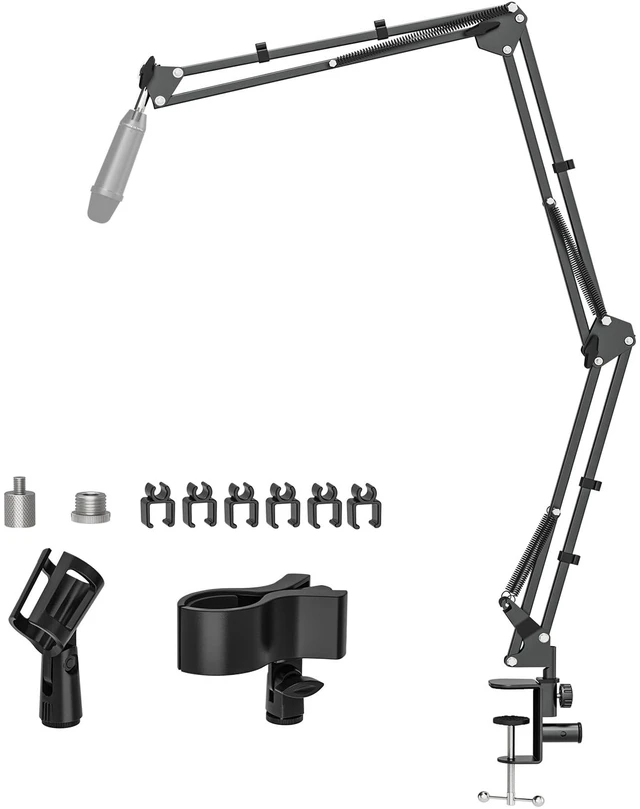 Main image of Microphone Boom Arm, Professional Desk Mic Stand with 1/4", 3/8", 5/8" Adapters, Heavy-Duty Clamp, Wide Compatibility for Yeti, AT2020, Podcasting, Streaming & Recording