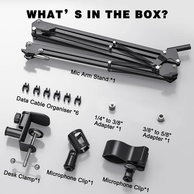 Alt view image 2 of 7 - Microphone Boom Arm, Professional Desk Mic Stand with 1/4", 3/8", 5/8" Adapters, Heavy-Duty Clamp, Wide Compatibility for Yeti, AT2020, Podcasting, Streaming & Recording