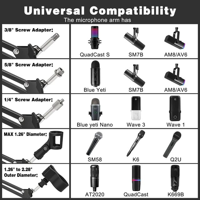Alt view image 3 of 7 - Microphone Boom Arm, Professional Desk Mic Stand with 1/4", 3/8", 5/8" Adapters, Heavy-Duty Clamp, Wide Compatibility for Yeti, AT2020, Podcasting, Streaming & Recording