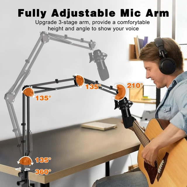Alt view image 4 of 7 - Microphone Boom Arm, Professional Desk Mic Stand with 1/4", 3/8", 5/8" Adapters, Heavy-Duty Clamp, Wide Compatibility for Yeti, AT2020, Podcasting, Streaming & Recording