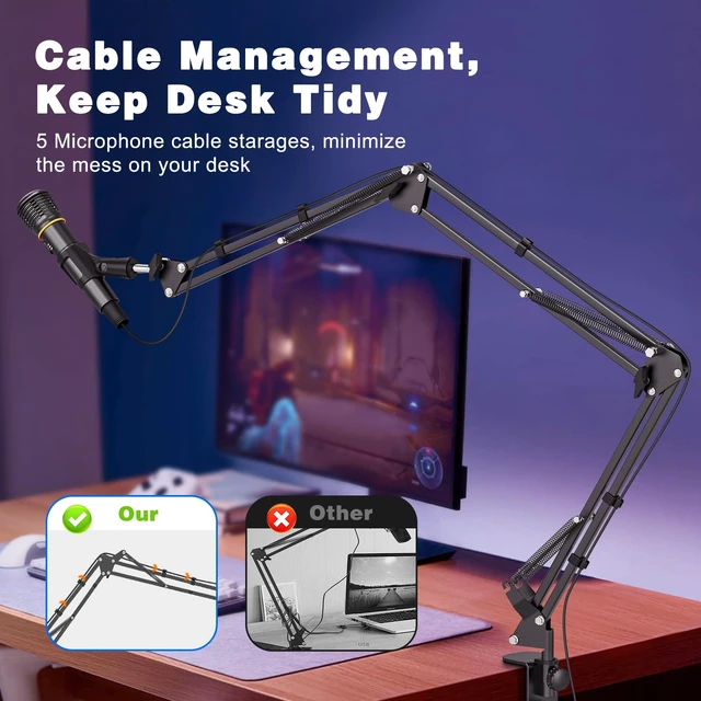 Alt view image 5 of 7 - Microphone Boom Arm, Professional Desk Mic Stand with 1/4", 3/8", 5/8" Adapters, Heavy-Duty Clamp, Wide Compatibility for Yeti, AT2020, Podcasting, Streaming & Recording