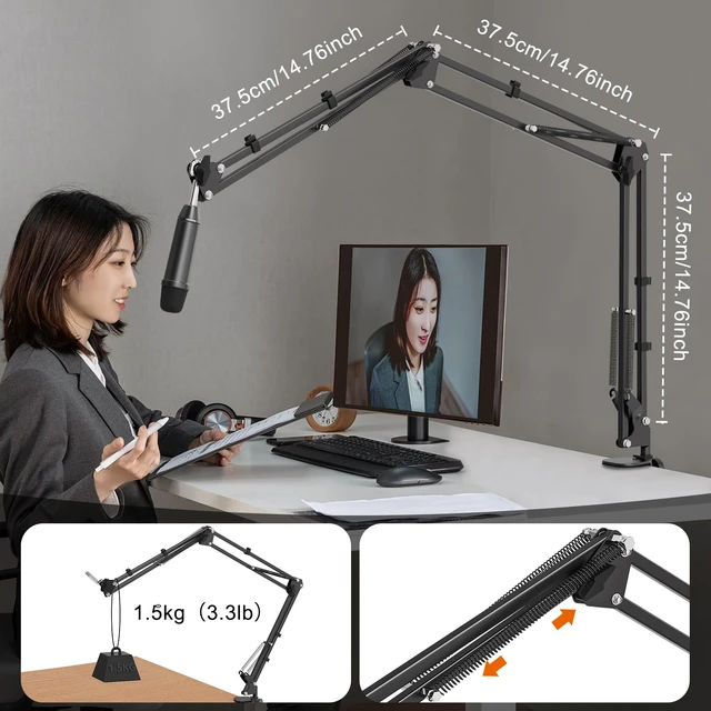 Alt view image 6 of 7 - Microphone Boom Arm, Professional Desk Mic Stand with 1/4", 3/8", 5/8" Adapters, Heavy-Duty Clamp, Wide Compatibility for Yeti, AT2020, Podcasting, Streaming & Recording