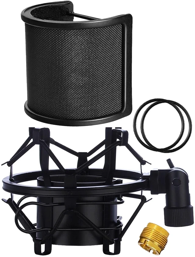 Main image of Microphone Shock Mount with Pop Filter, Mic Anti-Vibration Suspension Shock Mount Holder Clip for Diameter 46mm-51mm Microphone
