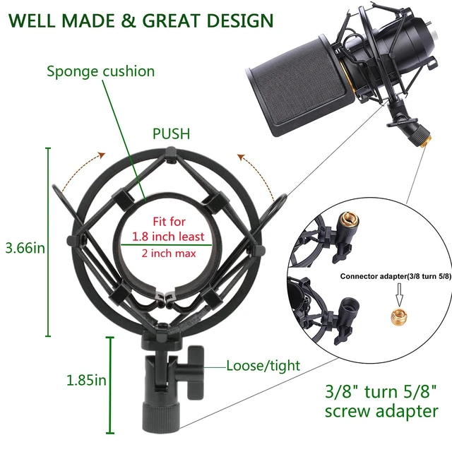 Alt view image 2 of 7 - Microphone Shock Mount with Pop Filter, Mic Anti-Vibration Suspension Shock Mount Holder Clip for Diameter 46mm-51mm Microphone