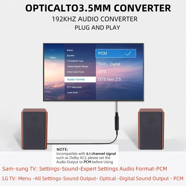 Alt view image 5 of 7 - 192KHz DAC Optical to 3.5mm Audio Converter, Unidirectional Optical to AUX | USB Power - From HDTV Optical Port to 3.5MM Audio Speaker or Headphone - Must Setup PCM Stereo Audio Format Out