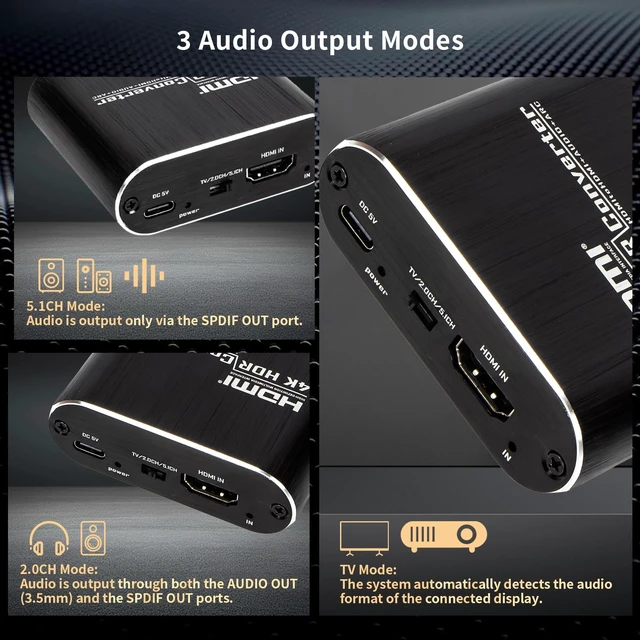 Alt view image 6 of 7 - HDMI ARC Audio Extractor 4K@60Hz ARC to Optical 3.5MM Audio Converter | HDMI ARC Adapter With 3.5MM Audio Output Converter Support 3D/HDCP1.4/DTS For TV Box/PS5/Soundbar/Speaker/Amp/Home Theater