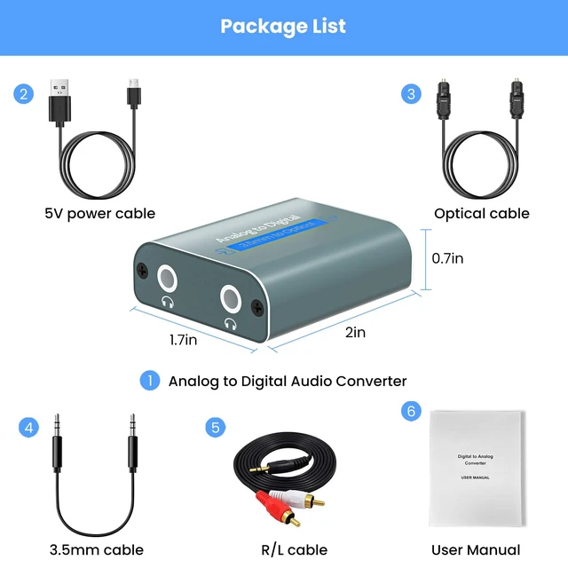 Alt view image 6 of 7 - RCA to Optical Audio Converter Dual 3.5mm Jack in Optical Out Audio Adapter | Analog to Optical Audio Converter Aluminum ADC Converter with SPDIF 3.5 Audio Cable and 3.5 to RCA Cable(Only PCM/LPCM)