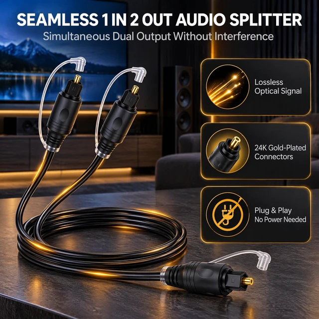 Alt view image 3 of 5 - Optical Audio Splitter 1 in 2 Out Toslink Digital Fiber Optic Cable for TV | Male-to-Male Adapter Links One Source to Two Destinations,Gold-Plated Pins.for Home Theater,Xbox Blu-ray,Soundbar