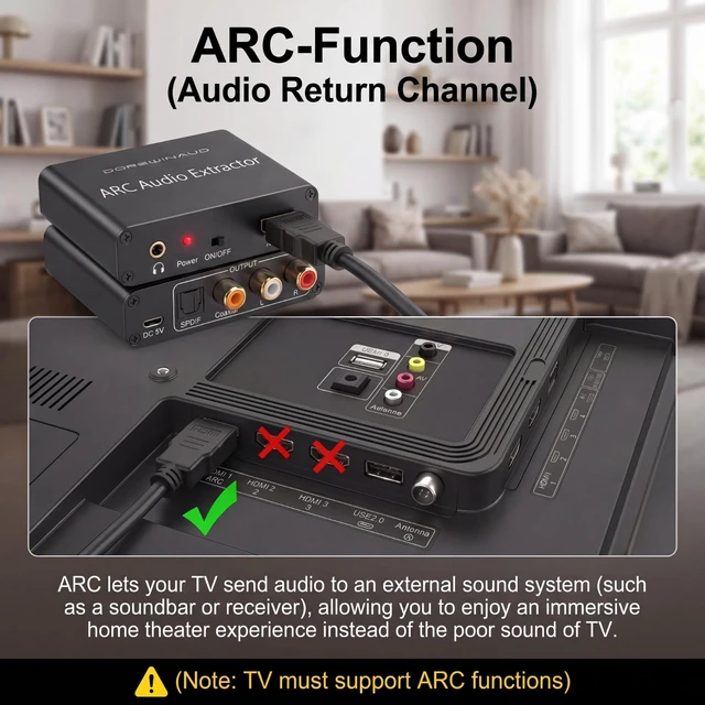 Alt view image 5 of 7 - 192KHz HDMI ARC Audio Extractor Converter for HDTV | Digital to Analog Audio Converter supports Optical, Coaxial, RCA and 3.5mm audio output for Soundbar Speaker