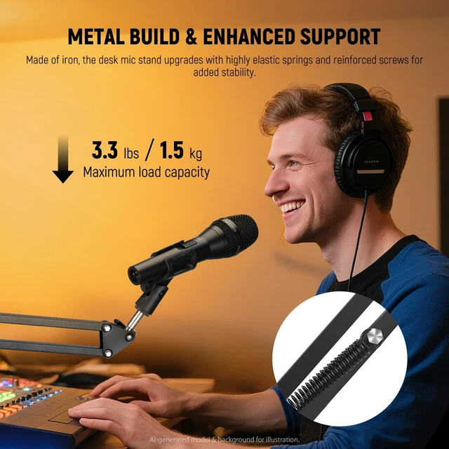 Alt view image 5 of 7 - Microphone Arm Stand, Suspension Scissor Boom Mic Desk Mount, MS006 | Clip, 3/8" to 5/8" Adapter, Compatible with Blue Yeti Snowball HyperX QuadCast SoloCast Shure, Max Load 3.3 lb