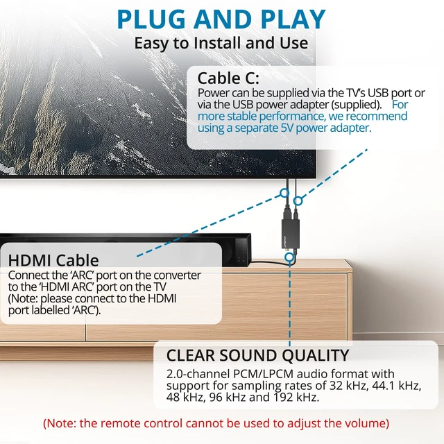 Alt view image 6 of 7 - 192KHz HDMI ARC Audio Extractor to Optical TOSLINK SPDIF | Coaxial Audio Splitter Converter, Only for HDTV ARC Port to Speakers, Amplifiers, Soundbar Support Dolby/DTS 5.1(NO CEC)