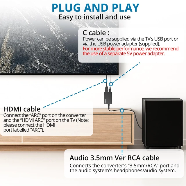 Alt view image 6 of 7 - ARC to 3.5mm Audio Extractor for TV with HDMI Cable | HDMI ARC Converter to Headphones,Speakers,Amplifiers, Supports Stereo Output, CEC Remote Volume Control, Home Entertainment