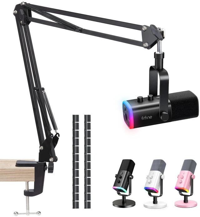 Main image of Mic Arm for Microphone, Boom Arm for Fifine AM8 with Cable Sleeve | Metal Scissor Mic Arm with 3/8'' to 5/8'' Adapter, 2 Cable Sleeve, C Desk Clamp