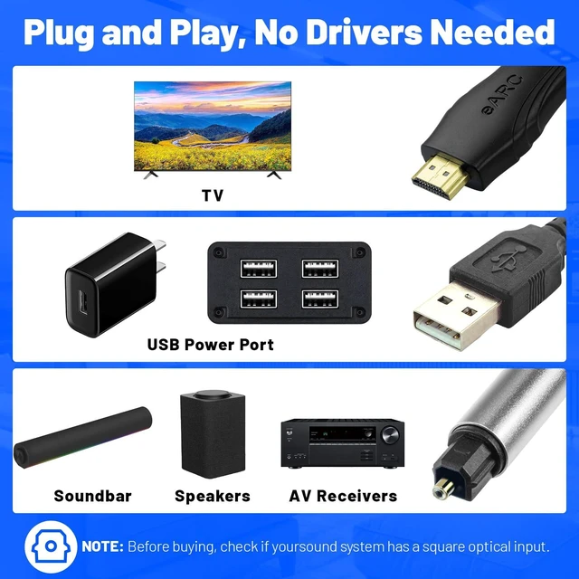 Alt view image 3 of 7 - HDMI to Optical Audio Adapter Support PCM/Dolby/DTS 5FT | 192kHz ARC HDMI eARC to Optical Audio Adapter No Lag HDMI eARC Audio Extractor Cable for Soundbar to TV,Recivers and Speakers