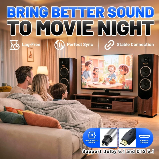 Alt view image 4 of 7 - HDMI to Optical Audio Adapter Support PCM/Dolby/DTS 5FT | 192kHz ARC HDMI eARC to Optical Audio Adapter No Lag HDMI eARC Audio Extractor Cable for Soundbar to TV,Recivers and Speakers