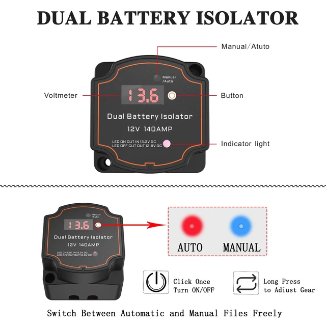 Alt view image 3 of 7 - Smart Dual Battery Isolator 12V 140A Auto or Manual Control, Waterproof Voltage Sensitive Relay(VSR) with Digital Voltmeter for Car, RV, ATV, UTV, Boat, Marine