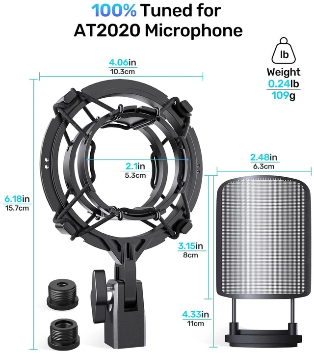 Alt view image 7 of 7 - AT2020 Microphone Shock Mount with Metal Pop Filter, Custom Built | Metal Pop Filter & Anti-Vibration Suspension, Holder Clip, Compatible with Audio-Technica AT2020USB+/2035/2050/3035/3060