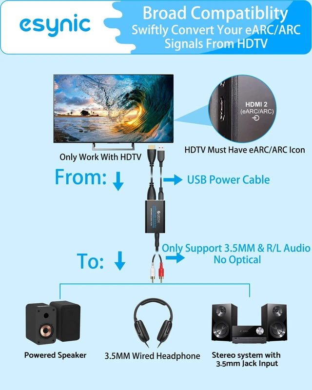 Alt view image 3 of 7 - 192KHZ eARC Audio Extractor-USB Powered-Campact Designed eARC/ARC to RCA or 3.5mm Audio Adapter for TV to Headphones Speakers-PCM 2.0 Stereo Output-Supports TV Remote Volume Control