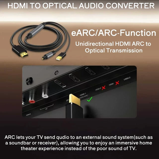Alt view image 3 of 7 - 192KHZ HDMI eARC to Optical Audio Adapter, HDMI to Optical Cable - 6.6FT | USB Powered - HDMI ARC to Optical Audio Converter for HDTV to Optical Soundbar, Amplifier, Speaker - Not Support CEC