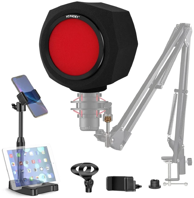 Main image of Microphone Windscreen Pop Filter, Recording Shield,Isolation shield Sound-Absorbing Foam Windscreen for Large Mic, Studio Equipment Indoor & Outdoor Recording with Gift Mic Stand&Phone Holder