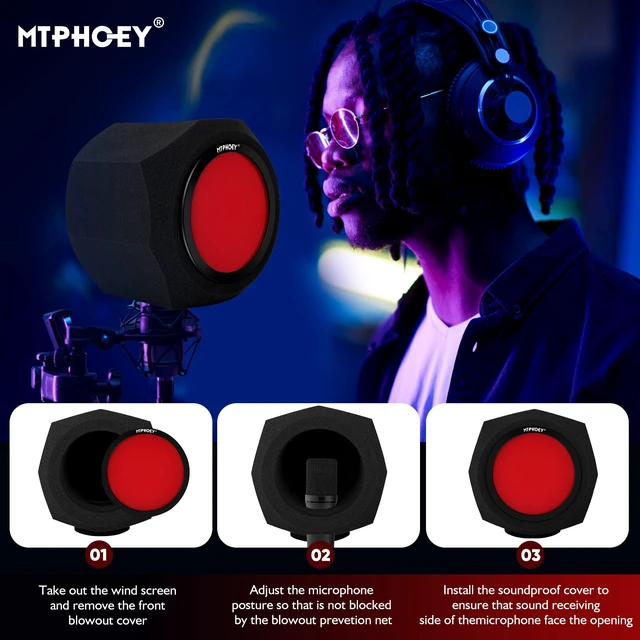 Alt view image 4 of 6 - Microphone Windscreen Pop Filter, Recording Shield,Isolation shield Sound-Absorbing Foam Windscreen for Large Mic, Studio Equipment Indoor & Outdoor Recording with Gift Mic Stand&Phone Holder