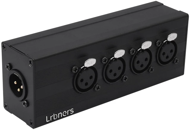 Main image of XLR 1 Male to 4-Way Female Audio Splitter Converter Box - Aluminum Alloy Chassis, Locking Connectors, 3pin XLR Splitter Box for Microphone Multi-Distribution & Studio Recording