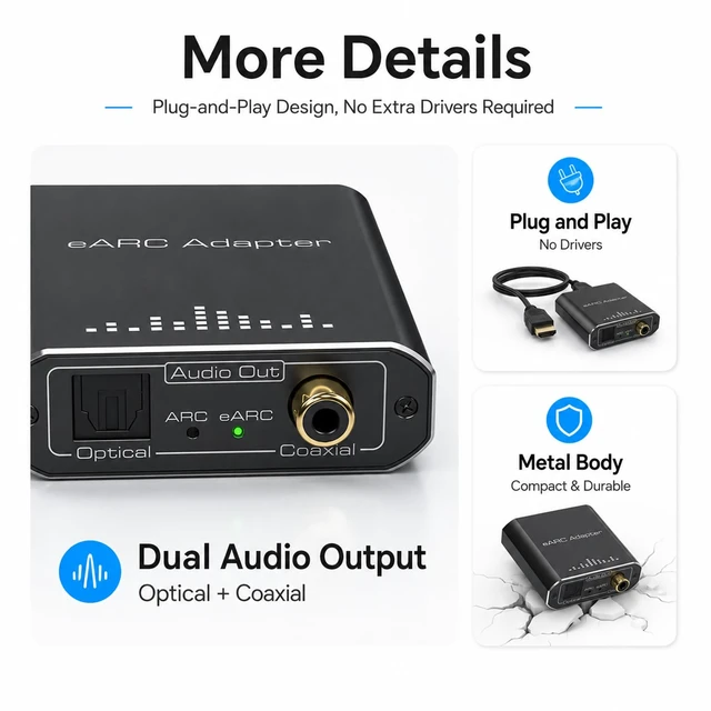 Alt view image 6 of 7 - HDMI eARC/ARC Audio Extractor Optical Coaxial 192kHz | Extracts audio from TV eARC/ARC to optical coaxial. Supports Dolby DTS LPCM Works with amps DACs soundbars No CEC.