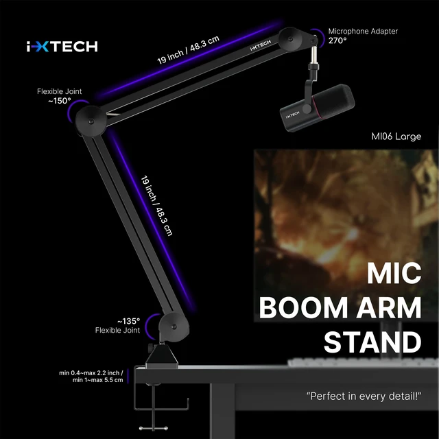 Alt view image 7 of 7 - Microphone Boom Arm Stand, Heavy Duty Adjustable Mic Stand with Cable Ties, Desk Mount Arm Stand for Gaming Streaming Podcasting.