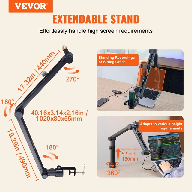 Alt view image 2 of 7 - Microphone Boom Arm, with Desk Mount Clamp, Adjustable Mic Stand with Cable Management,360° Rotatable,3/8" to 5/8" Adapter, for Recording Studio Streaming Gaming Blue Yeti SM7B Audio Podcast