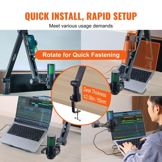 Alt view image 6 of 7 - Microphone Boom Arm, with Desk Mount Clamp, Adjustable Mic Stand with Cable Management,360° Rotatable,3/8" to 5/8" Adapter, for Recording Studio Streaming Gaming Blue Yeti SM7B Audio Podcast