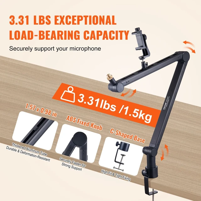 Alt view image 3 of 7 - Microphone Boom Arm, with Desk Mount Clamp, Adjustable Mic Stand with Cable Management,360° Rotatable,3/8" to 5/8" Adapter, for Recording Studio Streaming Gaming Blue Yeti SM7B Audio Podcast