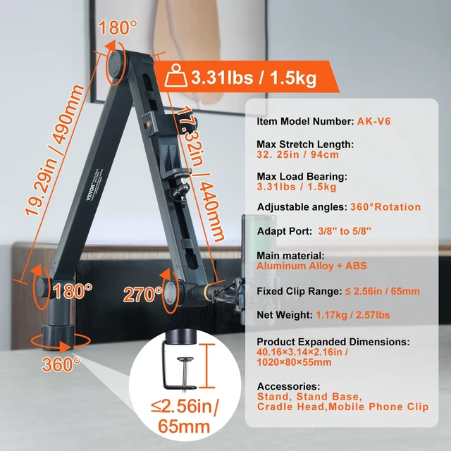 Alt view image 7 of 7 - Microphone Boom Arm, with Desk Mount Clamp, Adjustable Mic Stand with Cable Management,360° Rotatable,3/8" to 5/8" Adapter, for Recording Studio Streaming Gaming Blue Yeti SM7B Audio Podcast