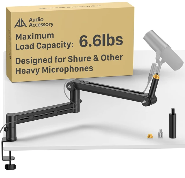 Main image of Mic Arm Desk Mount (Design for Heavy Mic) 6.6lbs Load Capacity, Stable Gear Lock Never Sags, Metal Low Profile Microphone Boom Stand for Shure SM7B SM7dB MV7, Blue Yeti, Rode PodMic