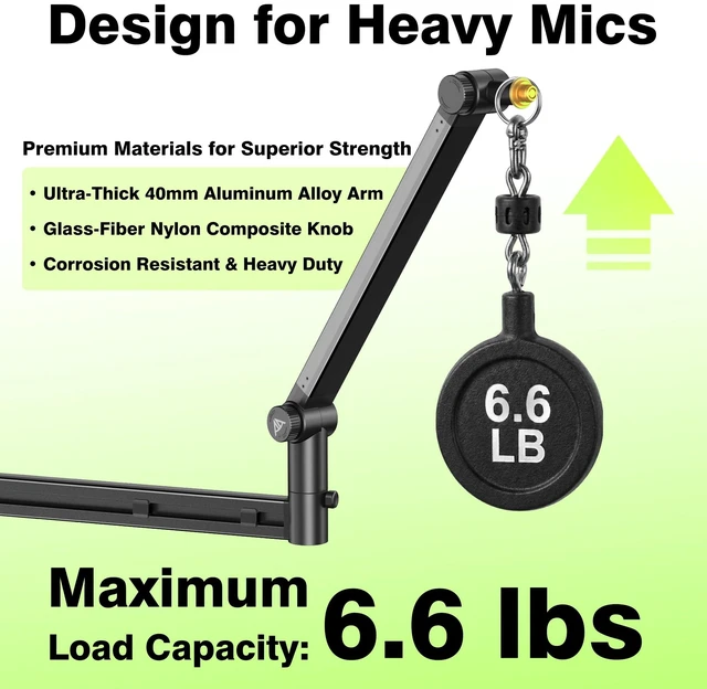 Alt view image 2 of 7 - Mic Arm Desk Mount (Design for Heavy Mic) 6.6lbs Load Capacity, Stable Gear Lock Never Sags, Metal Low Profile Microphone Boom Stand for Shure SM7B SM7dB MV7, Blue Yeti, Rode PodMic