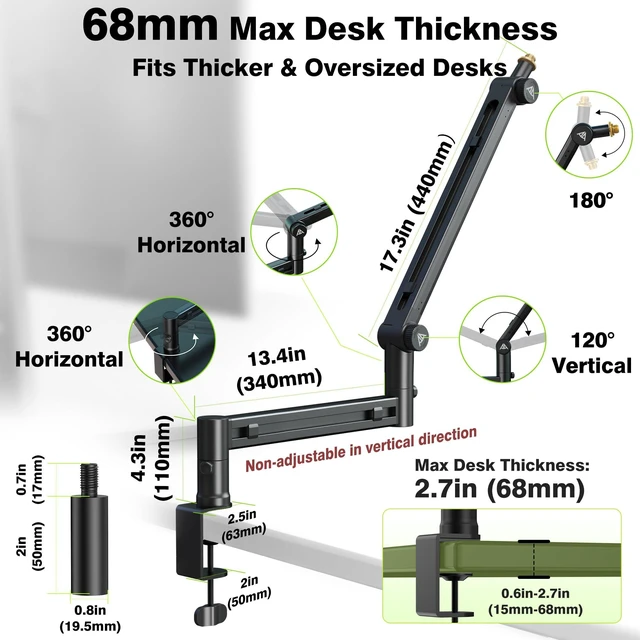 Alt view image 7 of 7 - Mic Arm Desk Mount (Design for Heavy Mic) 6.6lbs Load Capacity, Stable Gear Lock Never Sags, Metal Low Profile Microphone Boom Stand for Shure SM7B SM7dB MV7, Blue Yeti, Rode PodMic