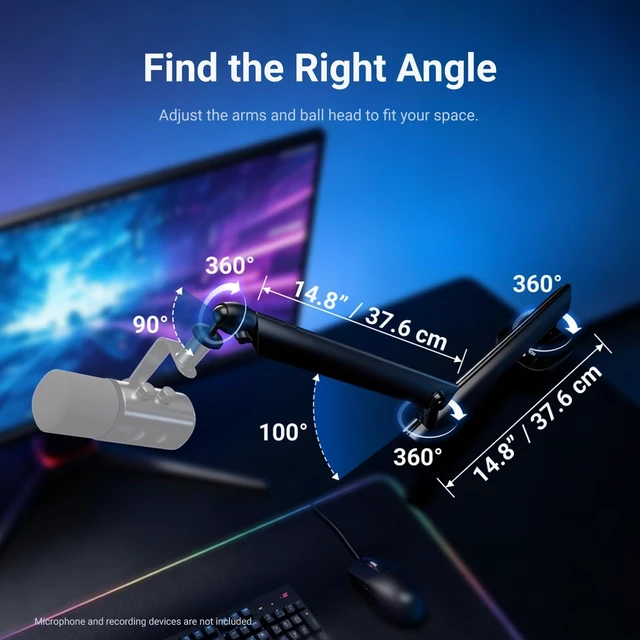 Alt view image 5 of 7 - Low Profile Mic Boom Arm Desk Mount, Microphone Boom Arm, MS007 | 360° Ball Head, Cable Management Channels, 1/4" 3/8" 5/8" Threads, for Podcast Streaming Gaming Recording, Max Load 3.3 lb