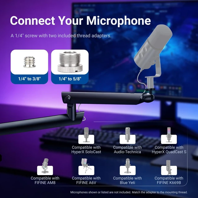 Alt view image 6 of 7 - Low Profile Mic Boom Arm Desk Mount, Microphone Boom Arm, MS007 | 360° Ball Head, Cable Management Channels, 1/4" 3/8" 5/8" Threads, for Podcast Streaming Gaming Recording, Max Load 3.3 lb