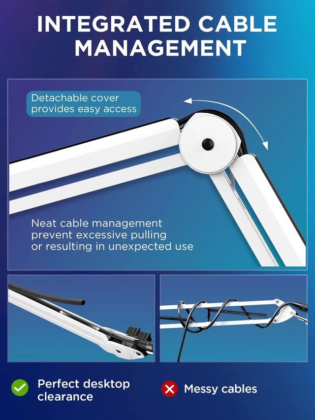 Alt view image 5 of 7 - Mic Arm Microphone Boom Arm Cable Management for Blue Yeti, White | Desk Mount, for Shure Fifine, Professional Appearance, Extendable, Horizontal Reach 32.3", 3.5 lb Weight Capacity, Heavy-Duty