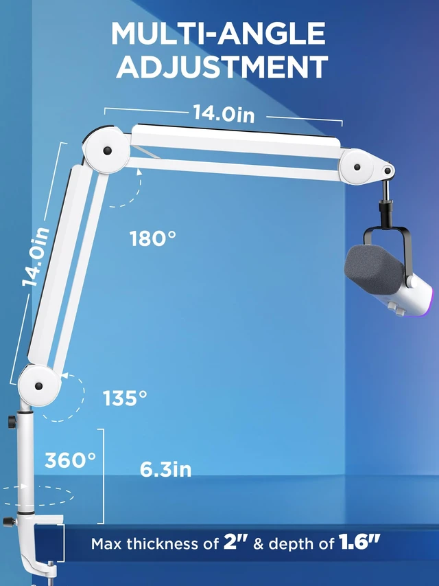 Alt view image 7 of 7 - Mic Arm Microphone Boom Arm Cable Management for Blue Yeti, White | Desk Mount, for Shure Fifine, Professional Appearance, Extendable, Horizontal Reach 32.3", 3.5 lb Weight Capacity, Heavy-Duty