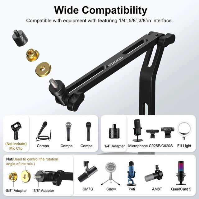 Alt view image 6 of 7 - Mic Stand,Desk Mount Desktop Microphone Arm with 3/8" to 5/8" Adapter,Compatible Blue Yeti,HyperX QuadCast,SoloCast,Shure SM7B,MV7X